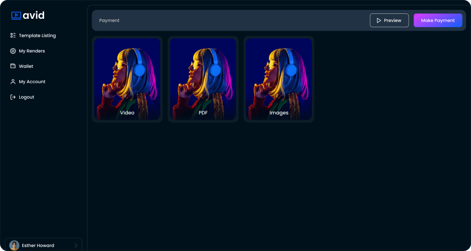 Select template screen of the avid application