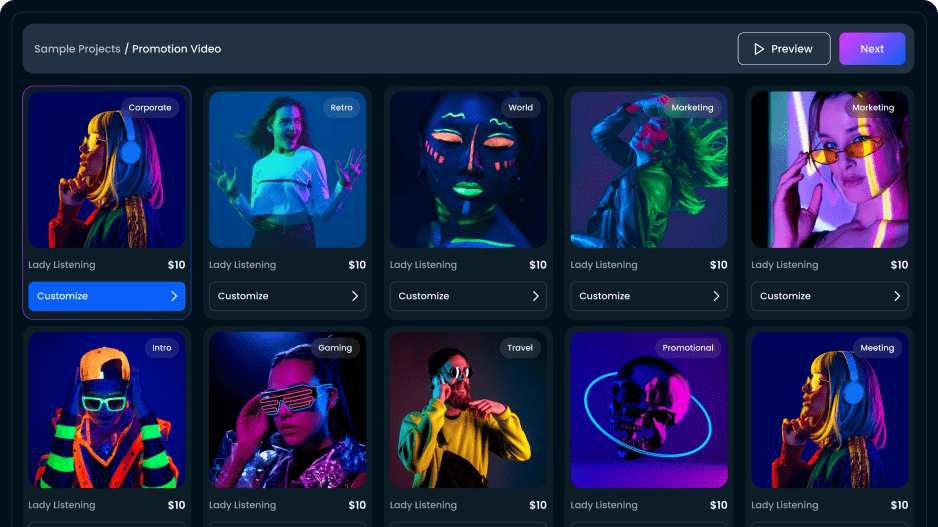 Select template screen of the avid application